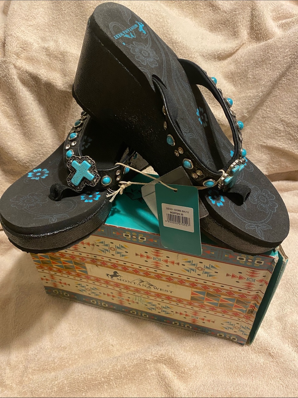 Montana West Black Wedge Flip Flops with Turquoise Cross Accents